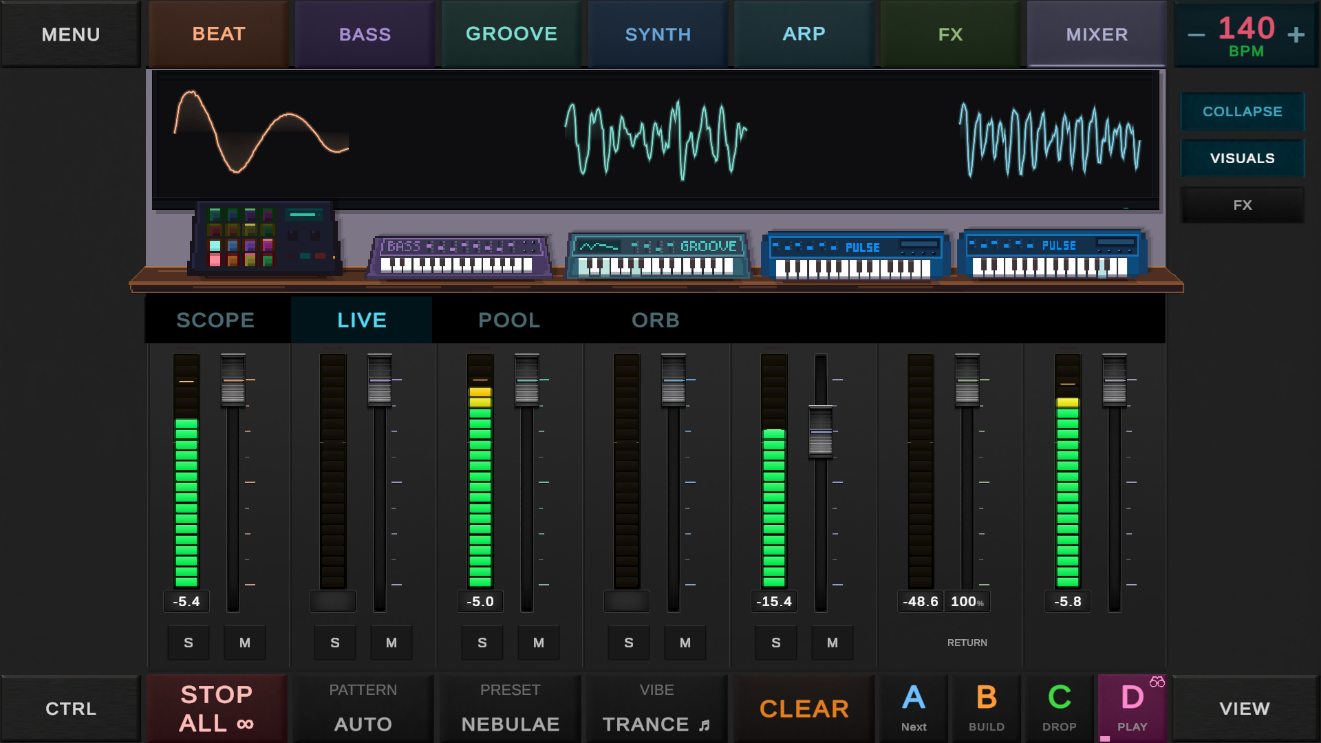 DAWG September build showing pixel-art instruments, expanded waveforms and the live mixer